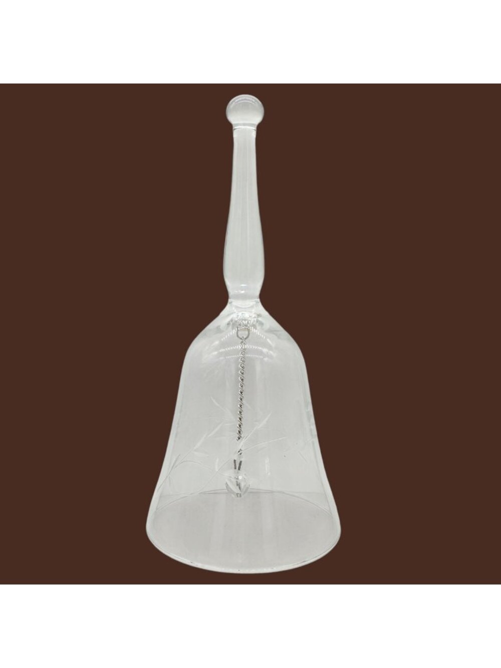 Crystal Hand Etched Glass Bell With Chain Clapper Ornate Floral Design 6" Tall